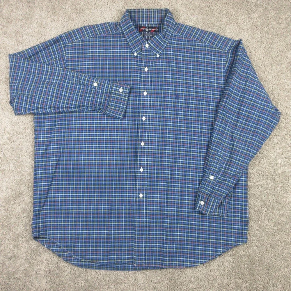 Ralph Lauren Shirt Mens 2XL Blue Plaid Blake Oxford Cloth Pony Logo Button Up